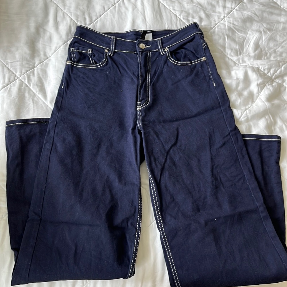 h&m wide leg twill pants navy + white lining